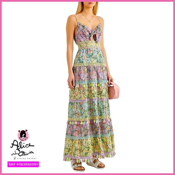 Alice + Olivia Karolina Smocked Waist Floral Tie Front Maxi Dress - Picture 15 of 16